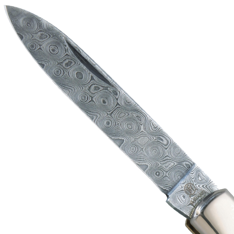 Hartkopf-Taschenmesser aus 300 Lagen Rosendamast von Balbach - Schlangenholz & Neusilberbacken