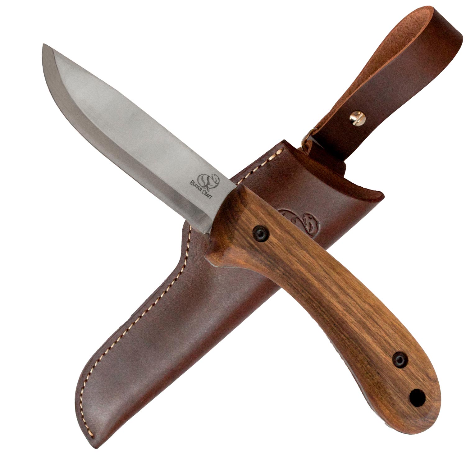 Bushcraft Messer "Beavercraft 2" mit Walnussholzgriff & Lederscheide